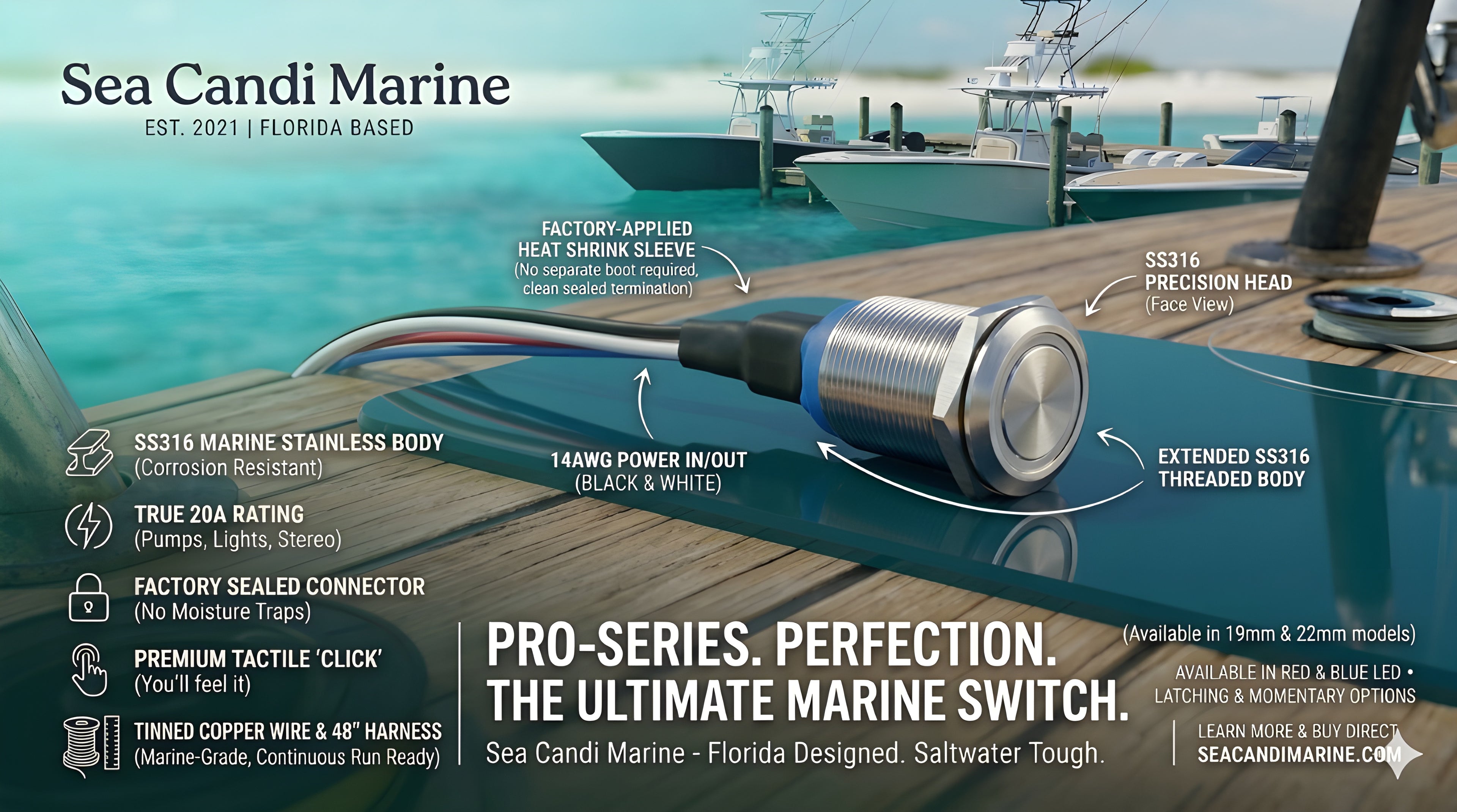 Sea Candi Pro-Series 19mm Push Button Marine Switch | SS316 | 20A